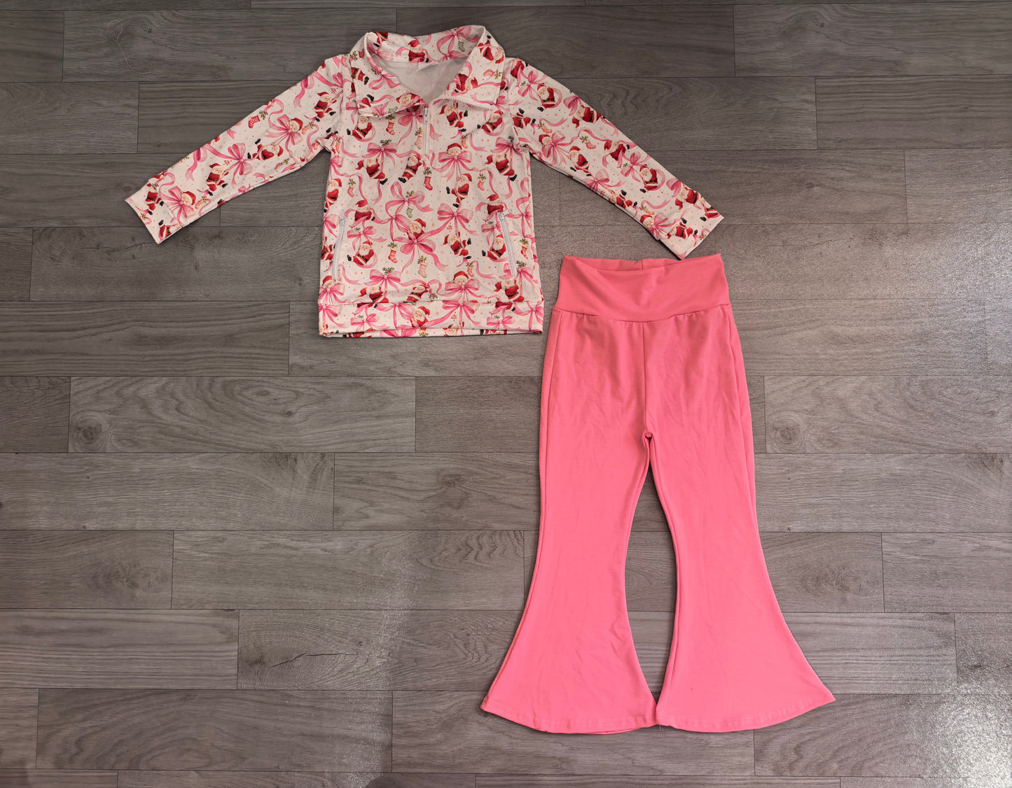 Santa bow pullover pink pants girls Christmas set
