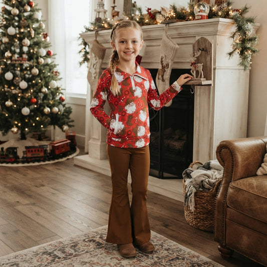 Santa boots pullover brown pants girls Christmas set