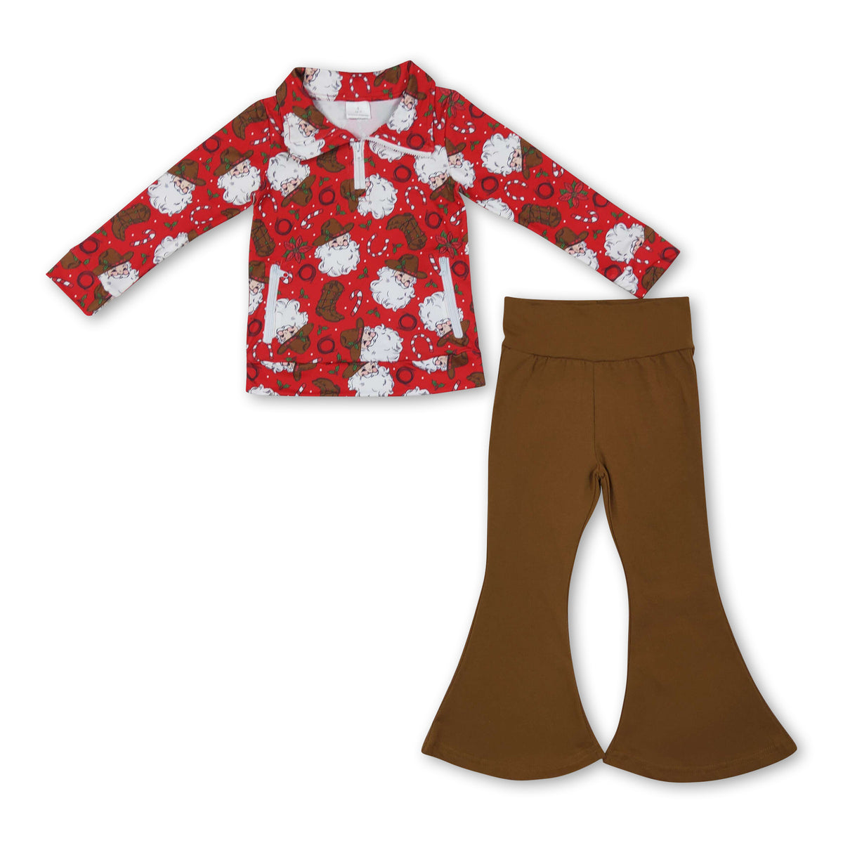 Santa boots pullover brown pants girls Christmas set