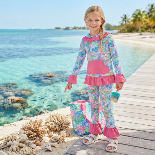 Long sleeves hot pink ruffle coral hoodie pants kids girls outfits