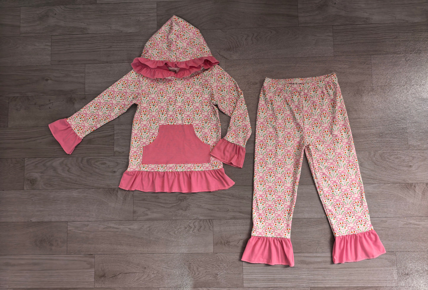 Long sleeves pink bow floral hoodie pants kids girls outfits