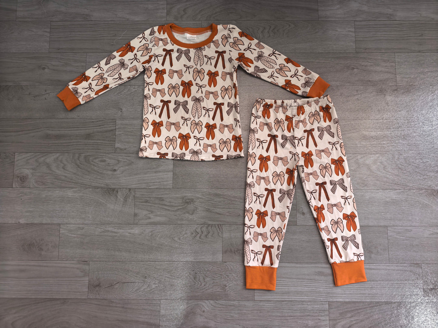 Long sleeves brown bow girls Thanksgiving pajamas