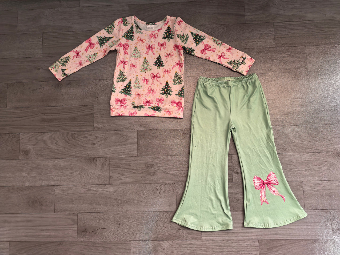 Pink bow Christmas tree top pants kids girls outfits