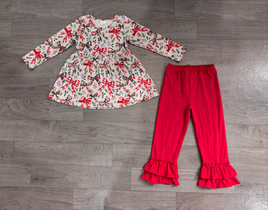 Red green bow tunic pants girls Christmas outfits