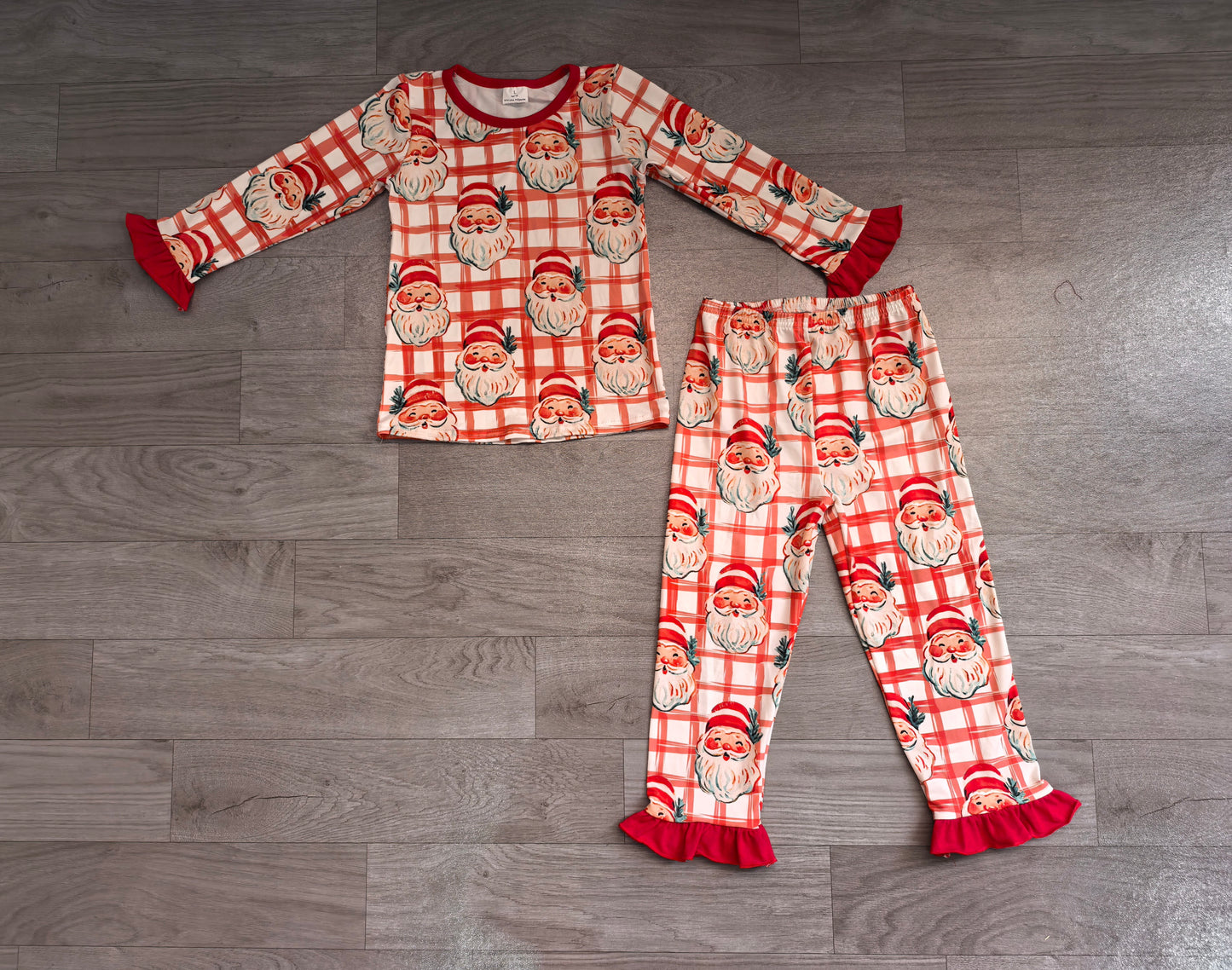 Red ruffle long sleeves santa top pants girls Christmas outfit