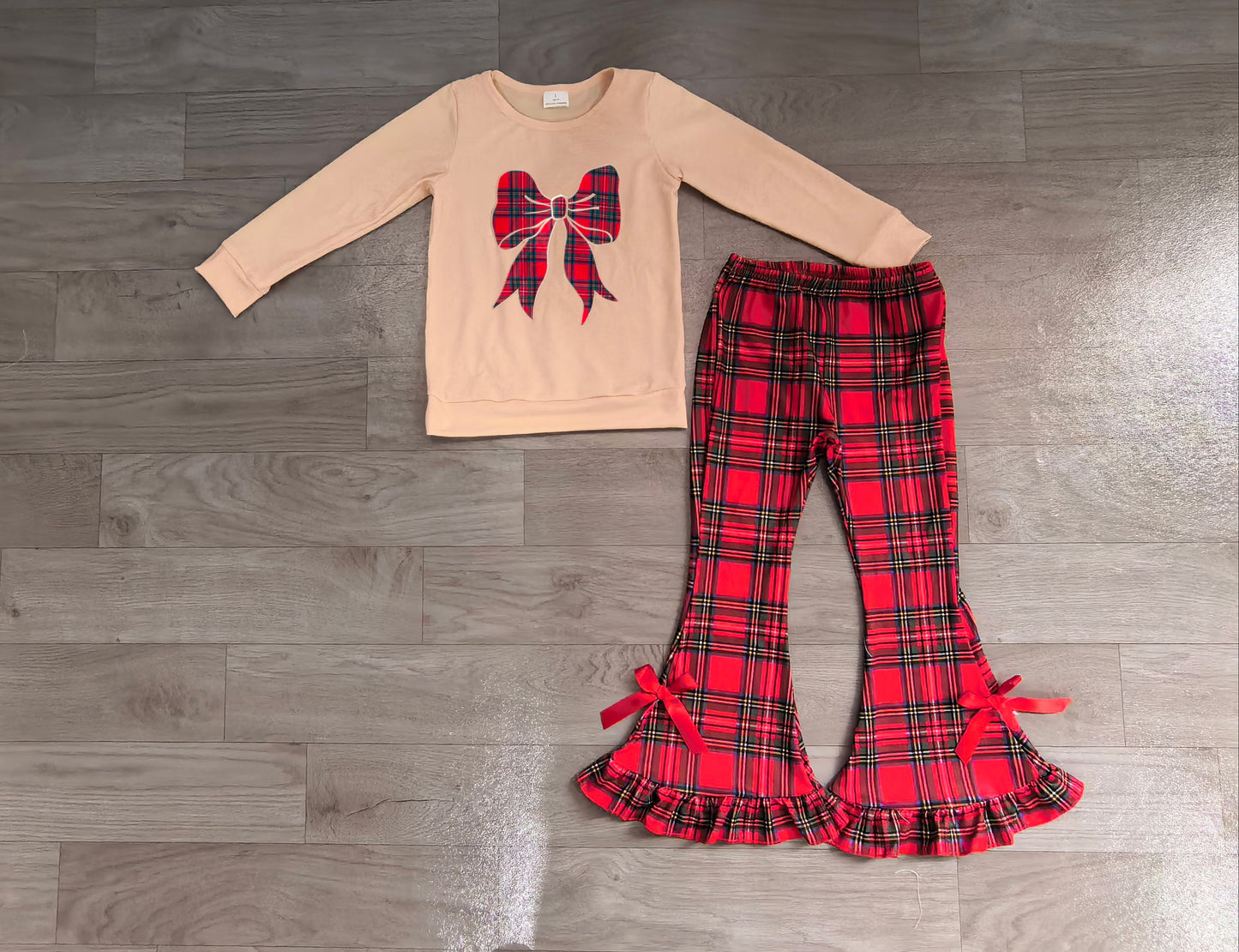 Long sleeves red plaid bow top pants girls Christmas set