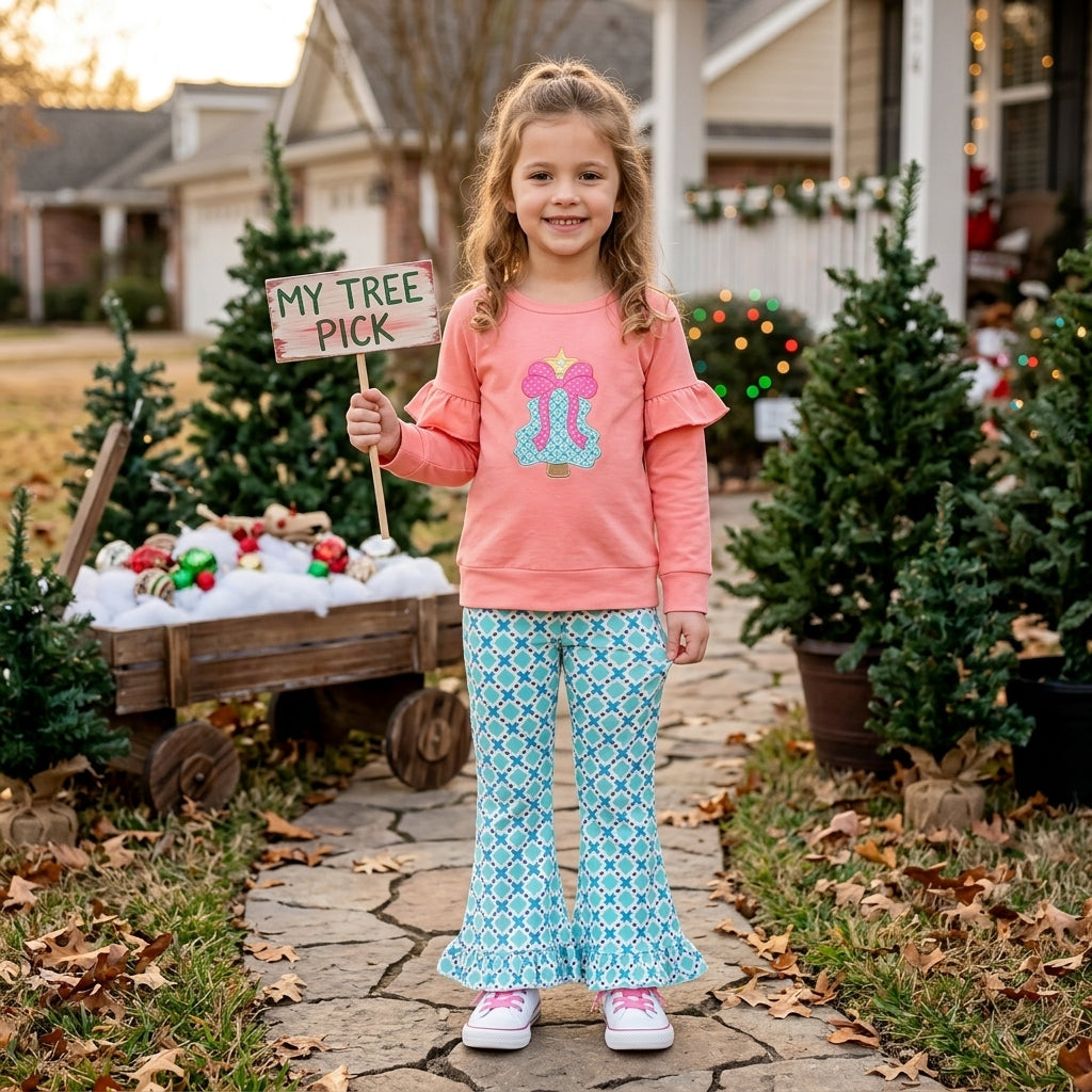 Christmas tree bow ruffle top pants kids girls outfits