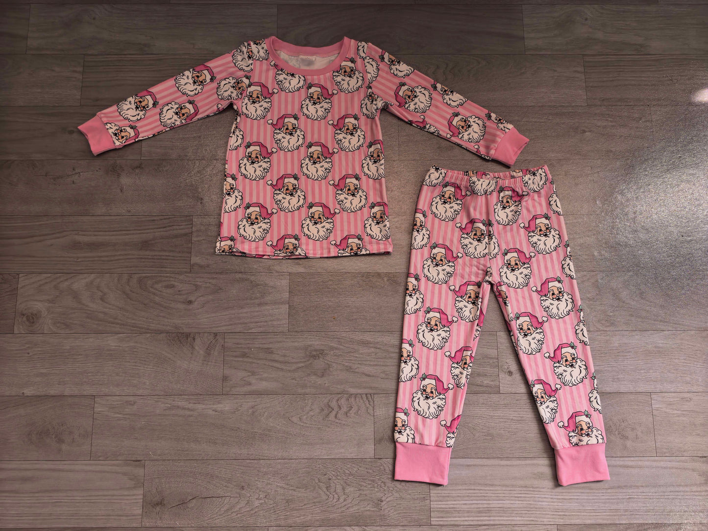 Long sleeves pink stripe santa girls Christmas pajamas