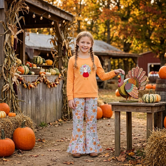 Floral turkey embroidery girls Thanksgiving outfits