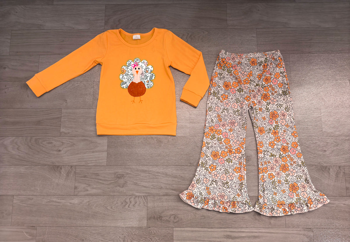 Floral turkey embroidery girls Thanksgiving outfits