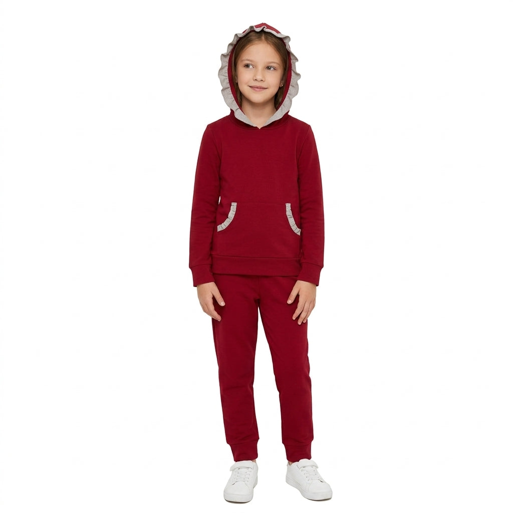 Grey ruffle dark red hoodie pants kids girls outfits