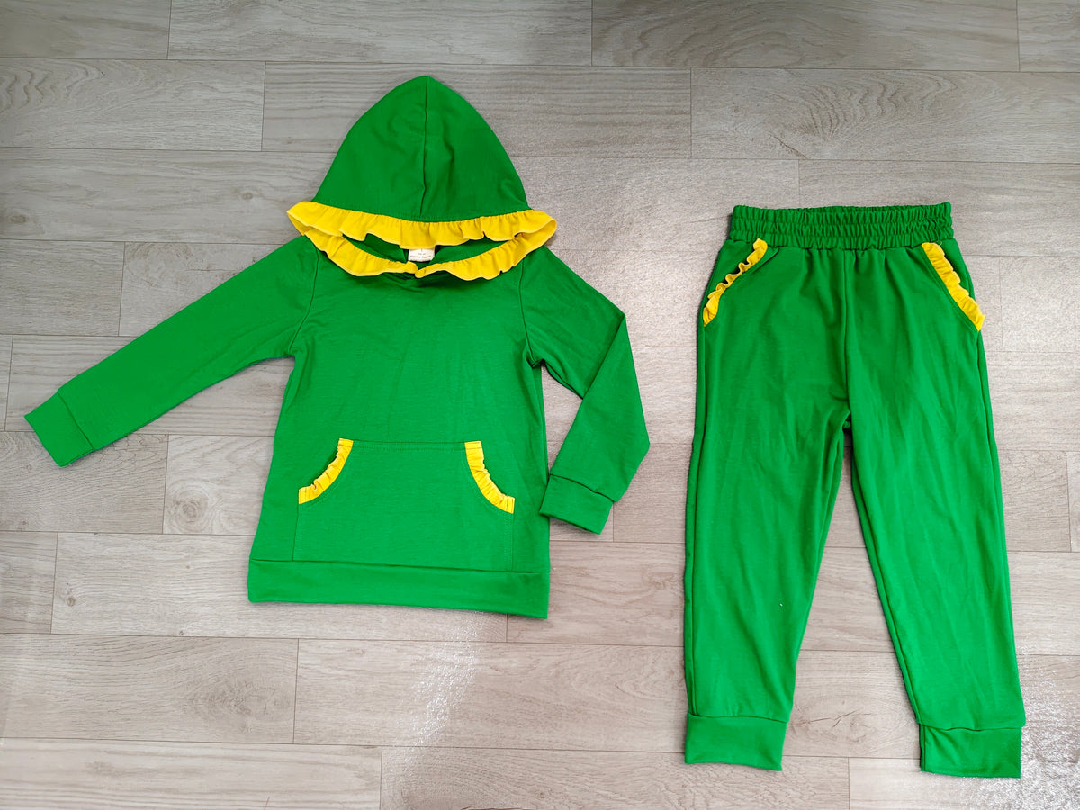 Green yellow ruffle hoodie pants kids girls outfits