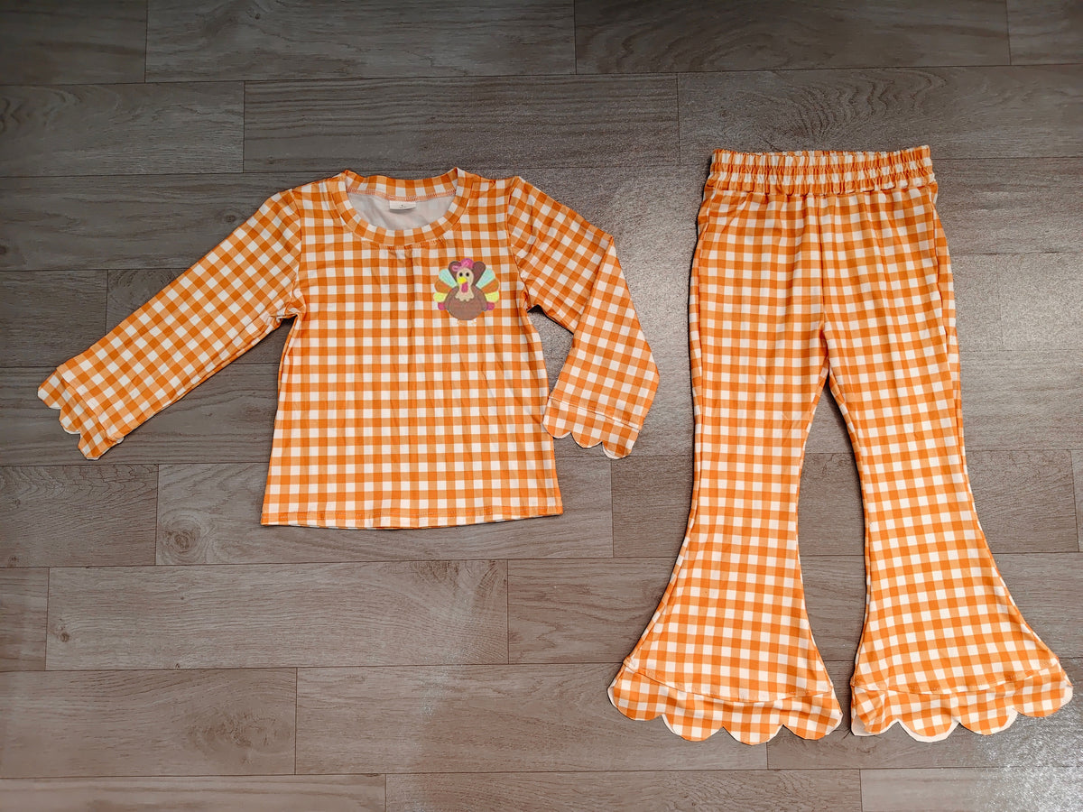 Plaid turkey embroidery scallop girls Thanksgiving set
