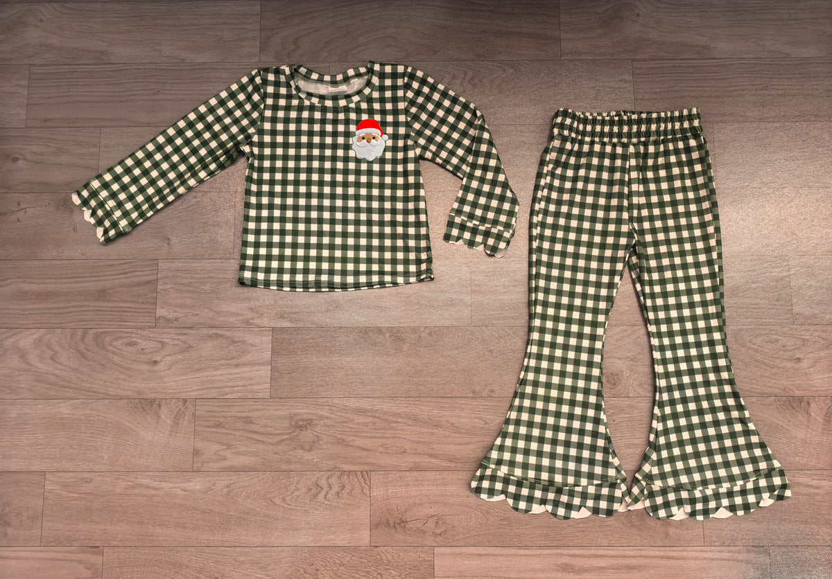 Santa embroidery green plaid scallop girls Christmas set