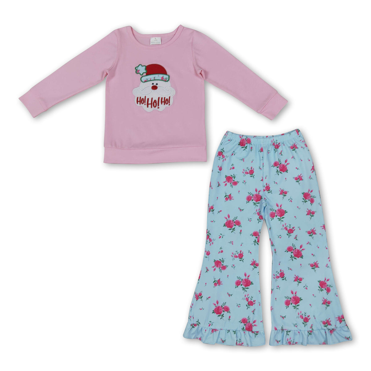 HO HO HO santa embroidery top pants girls Christmas set