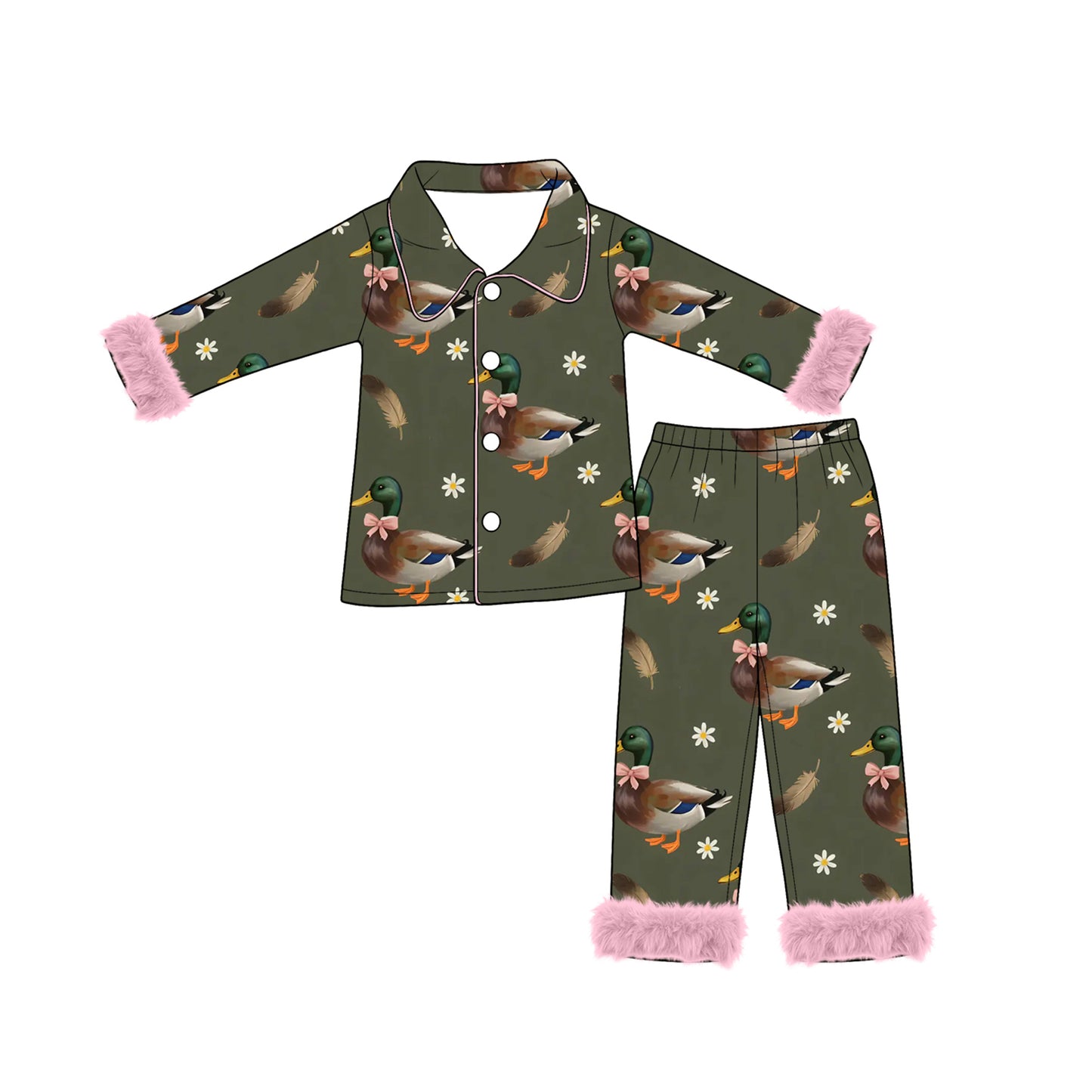 Fur long sleeves duck bow floral girls button down pajamas