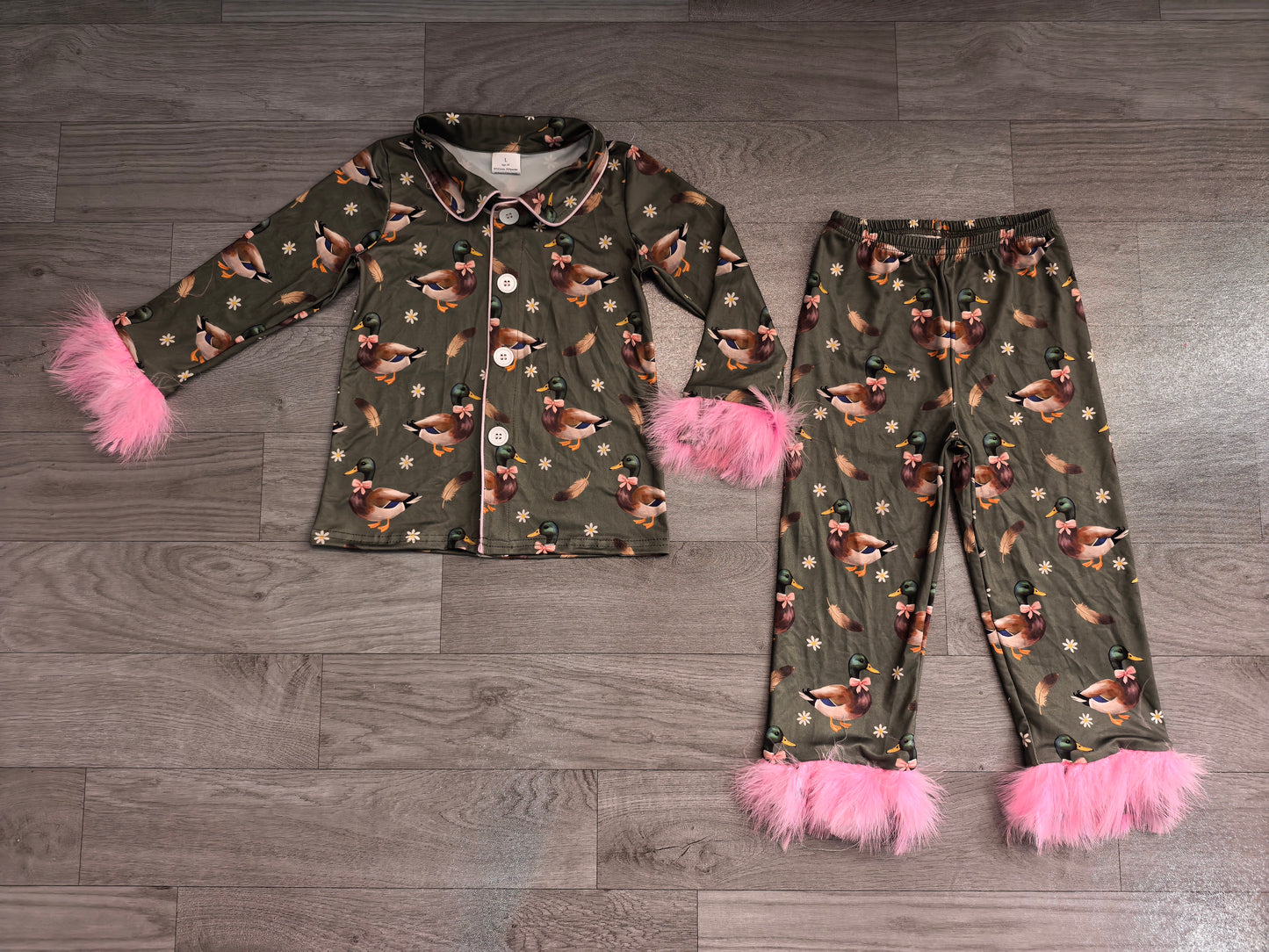Fur long sleeves duck bow floral girls button down pajamas