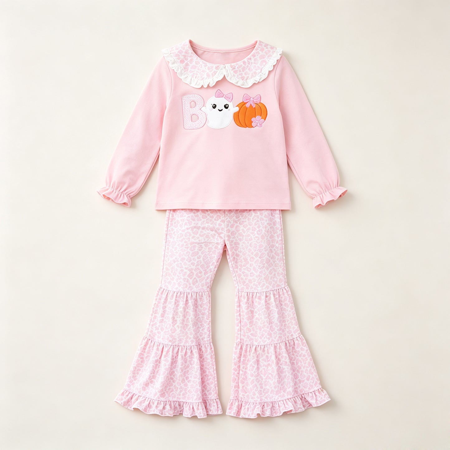 Pink boo pumpkin top leopard pants girls Halloween set