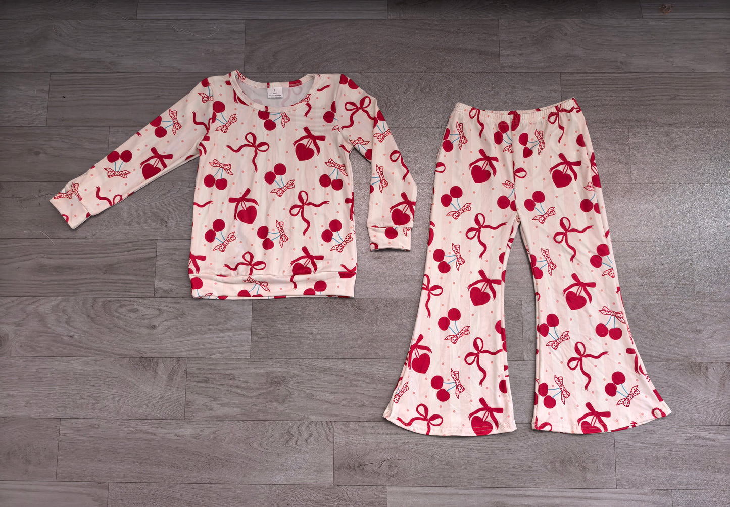 Cherry heart bow top pants girls Valentine's outfits