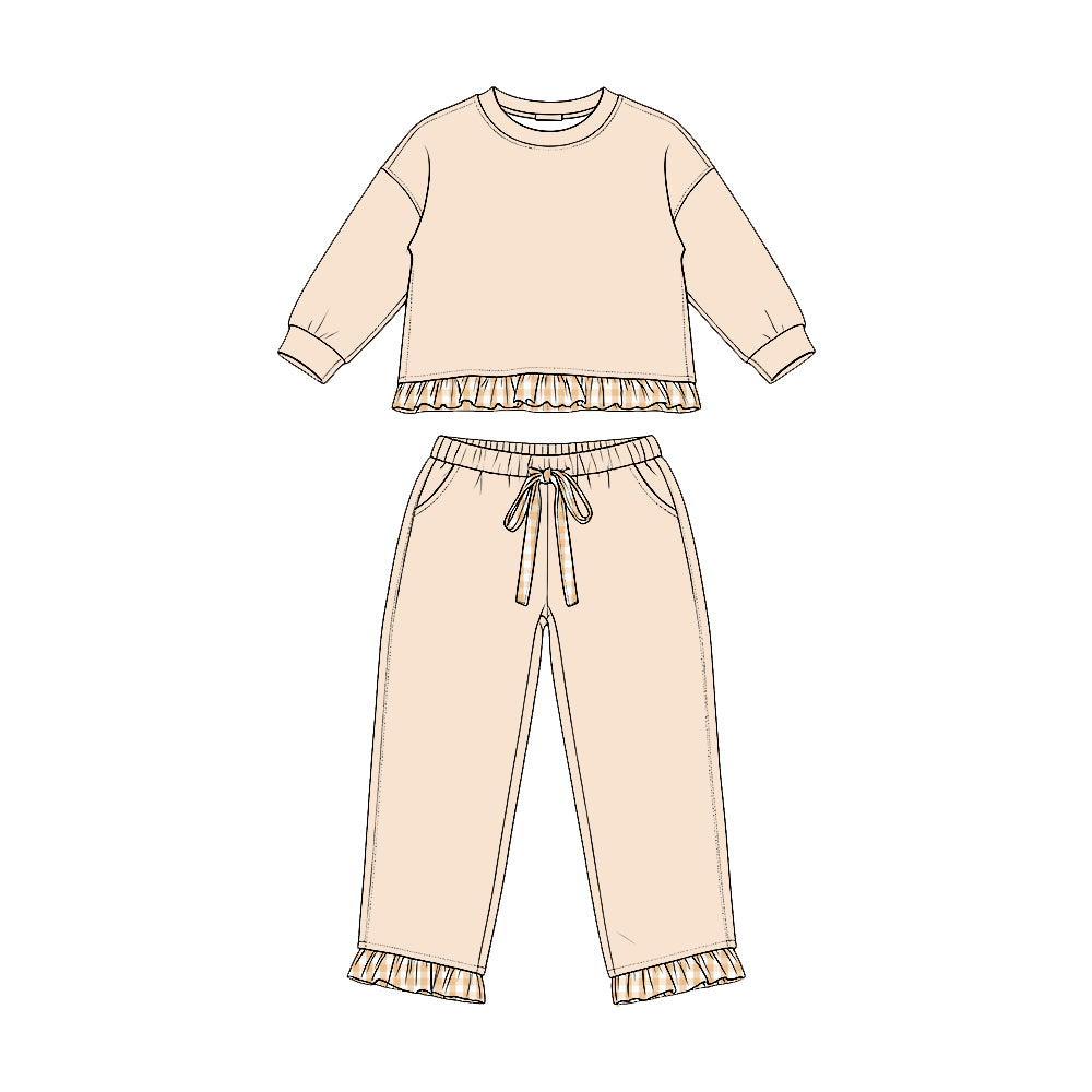 Long sleeves khaki plaid ruffle top pants girls sweatshirt outfits