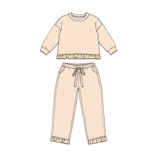 Long sleeves khaki plaid ruffle top pants girls sweatshirt outfits