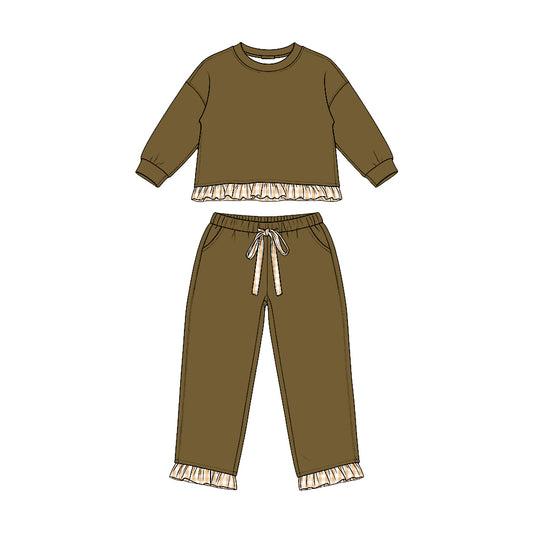 Long sleeves olive plaid ruffle top pants girls sweatshirt outfits
