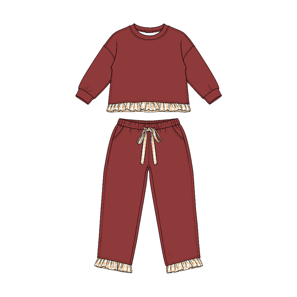 Long sleeves plaid ruffle top pants girls sweatshirt set