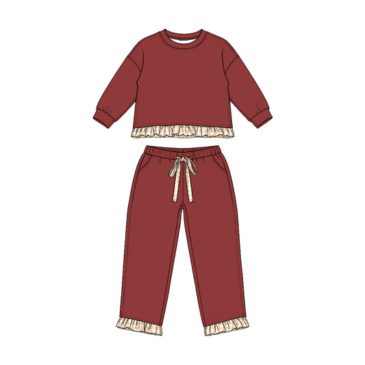 Long sleeves plaid ruffle top pants girls sweatshirt set