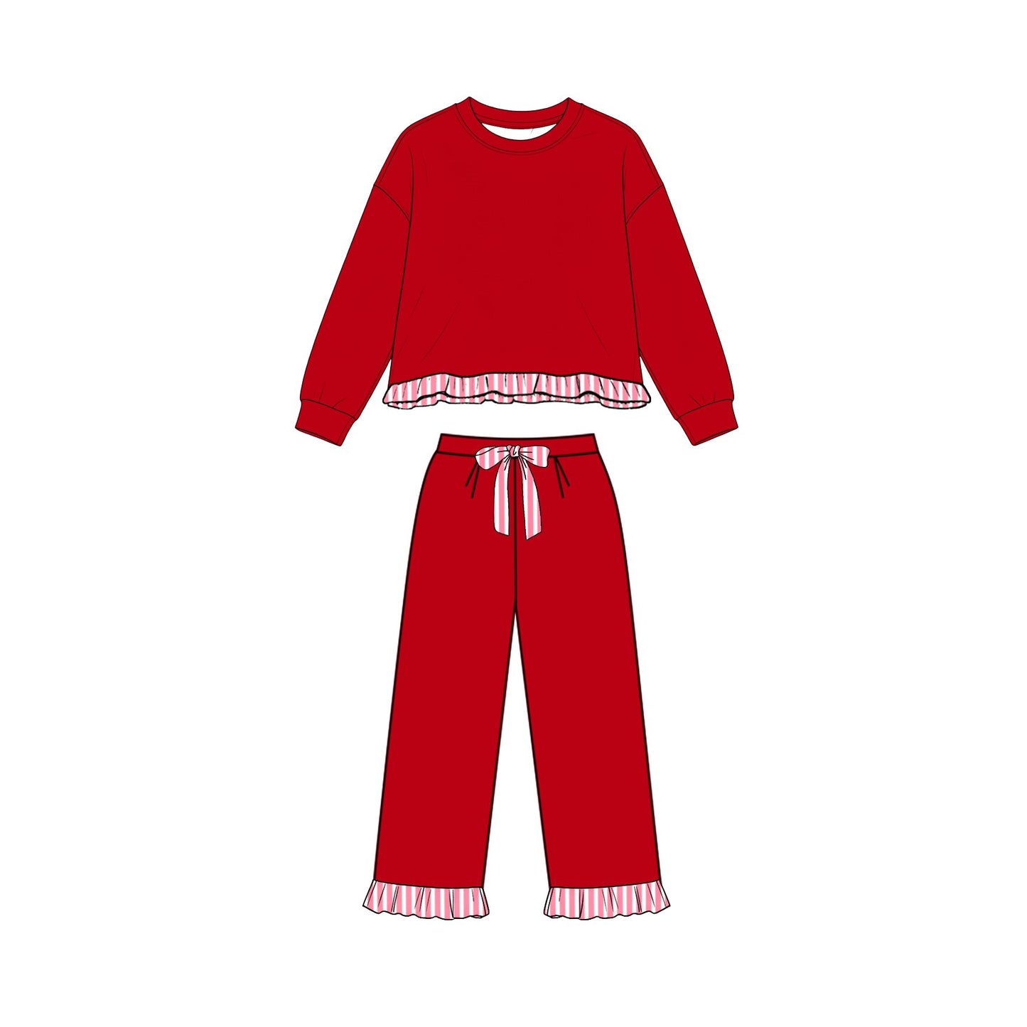 Long sleeves red stripe ruffle top pants girls sweatshirt outfits