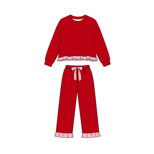 Long sleeves red stripe ruffle top pants girls sweatshirt outfits