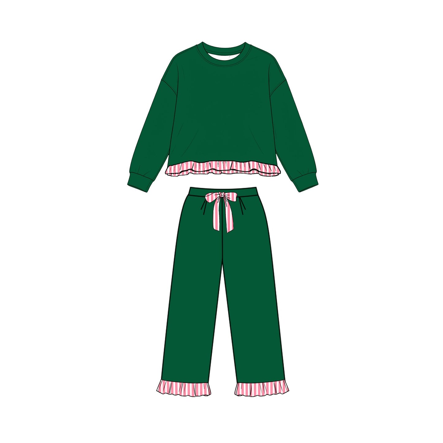 Long sleeves stripe ruffle green top pants girls sweatshirt outfits