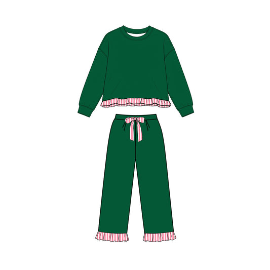 Long sleeves stripe ruffle green top pants girls sweatshirt outfits