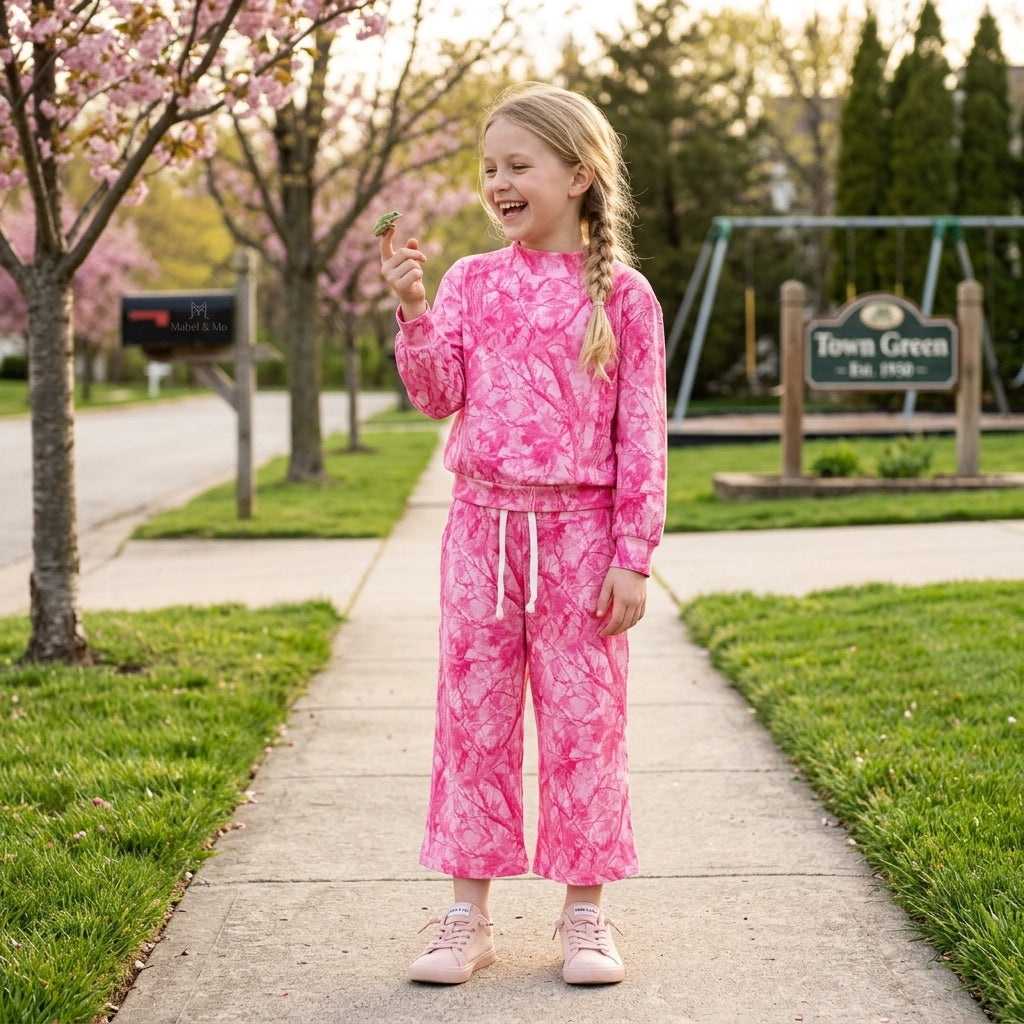 Long sleeves pink leaves camo kids girls outfits