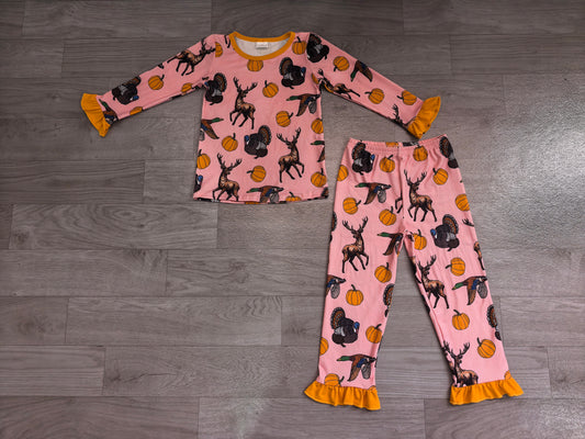 Long sleeves deer duck turkey pumpkin girls fall pajamas