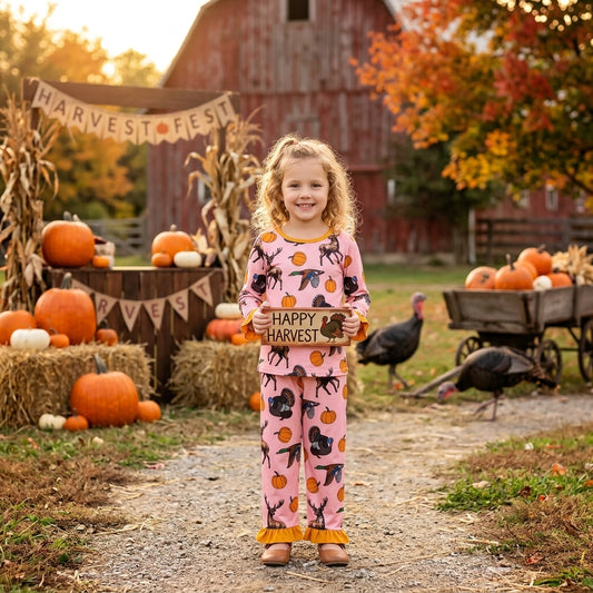 Long sleeves deer duck turkey pumpkin girls fall pajamas