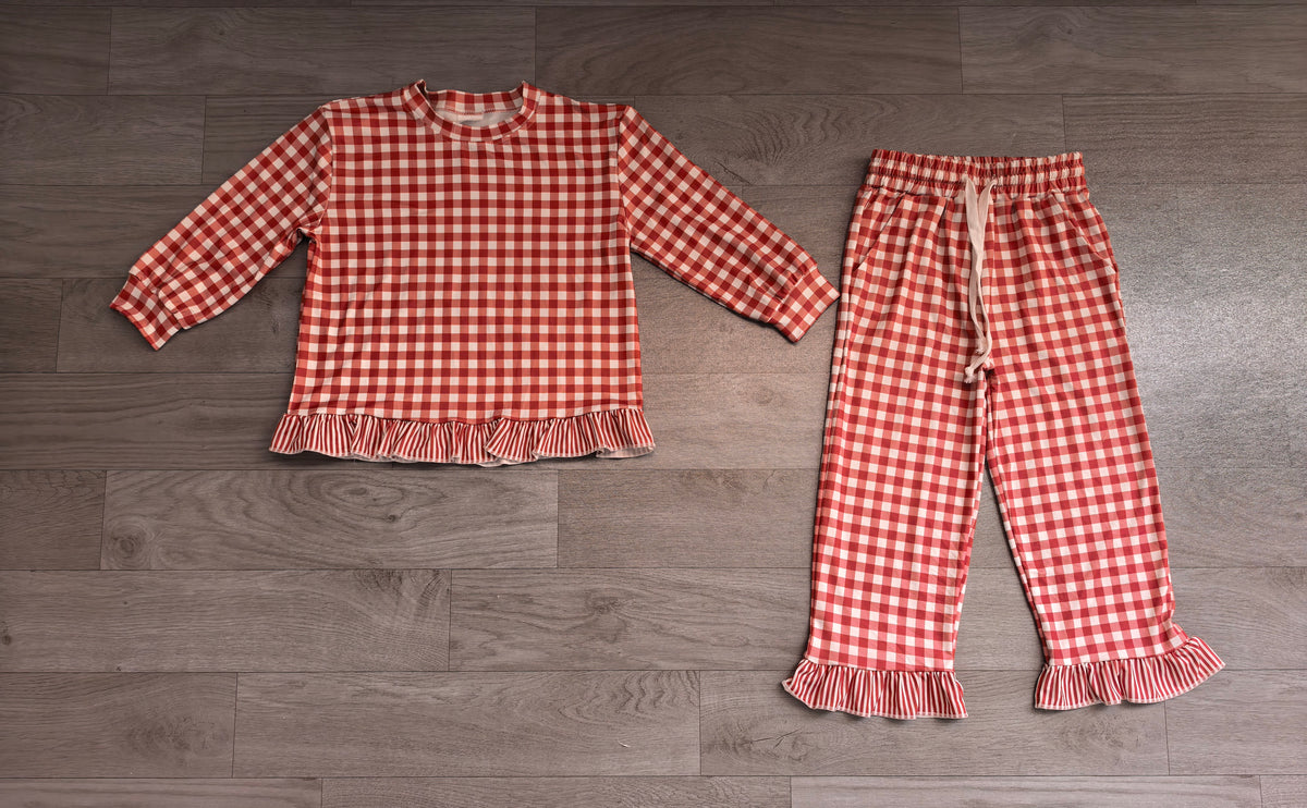 Long sleeves dark red plaid stripe ruffle top pants girls outfits