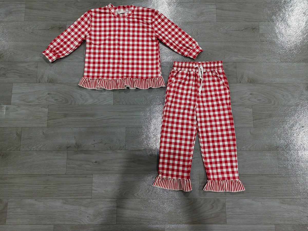 Long sleeves dark red plaid stripe ruffle top pants girls outfits