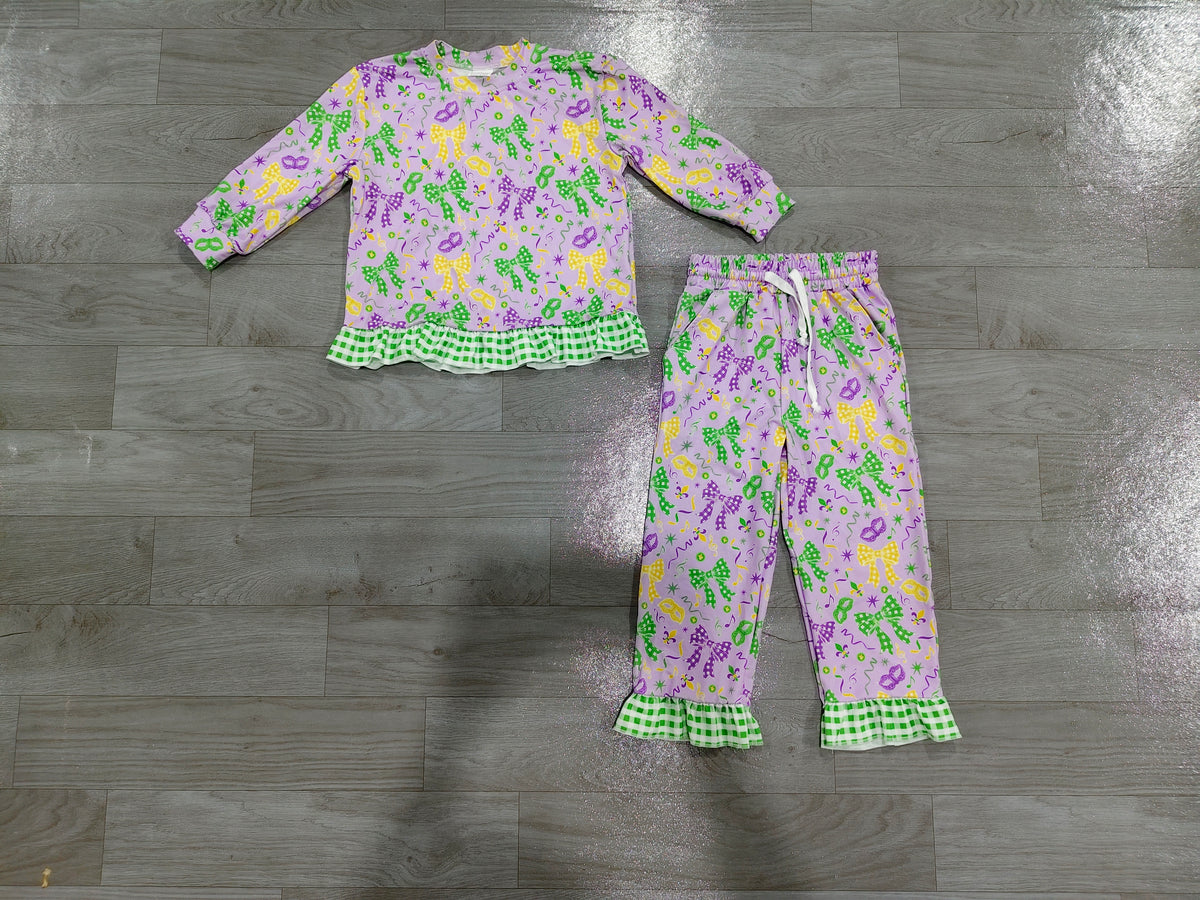 Long sleeves plaid bow ruffle girls Mardi Gras outfits