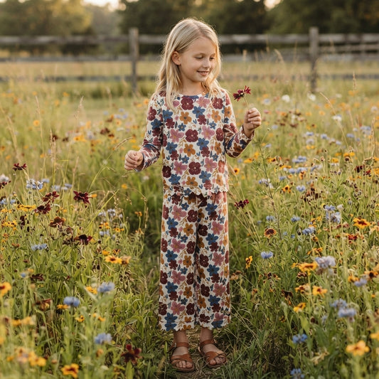 Long sleeves floral scallop top pants girls clothes