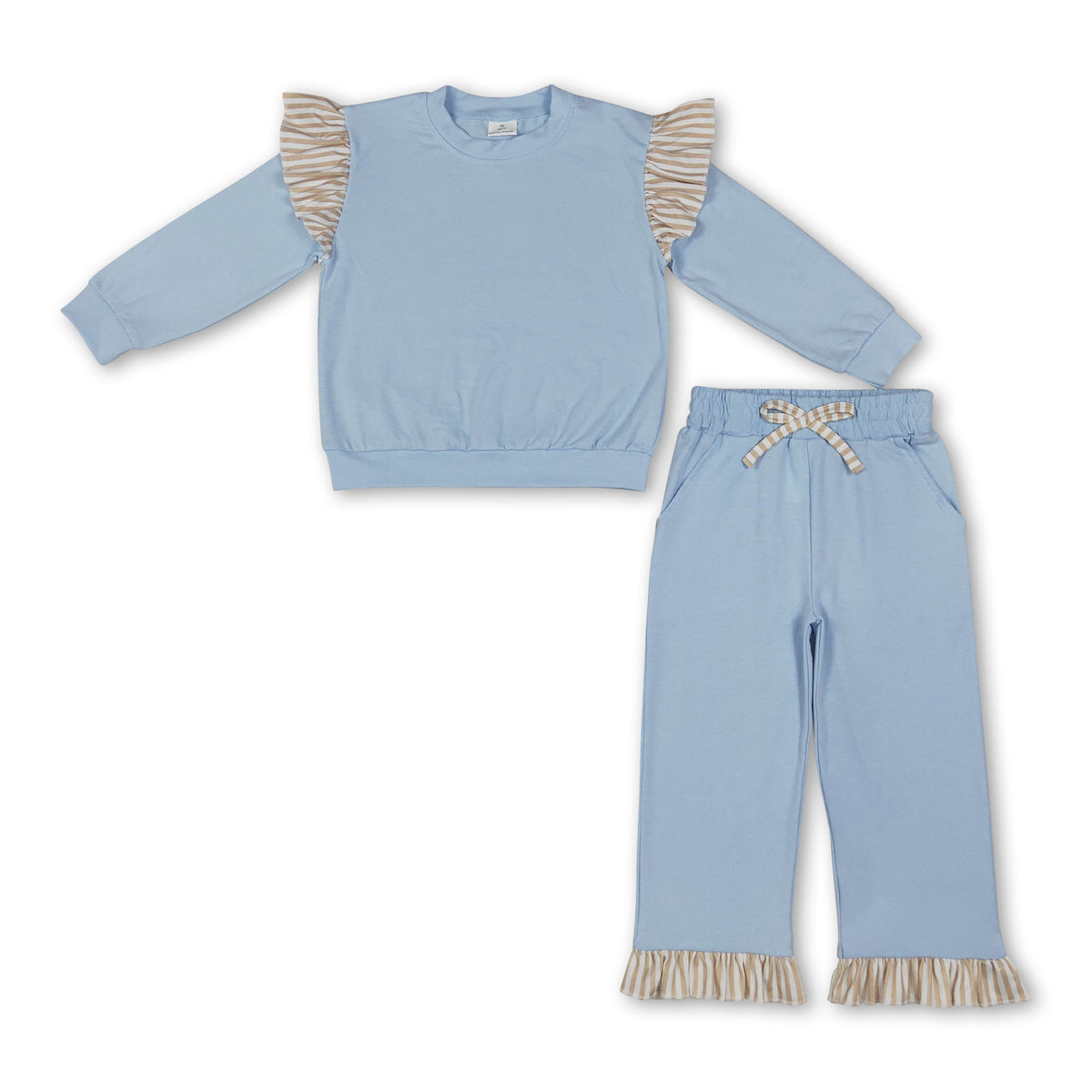 Stripe flutter long sleeves light blue top pants girls outfits