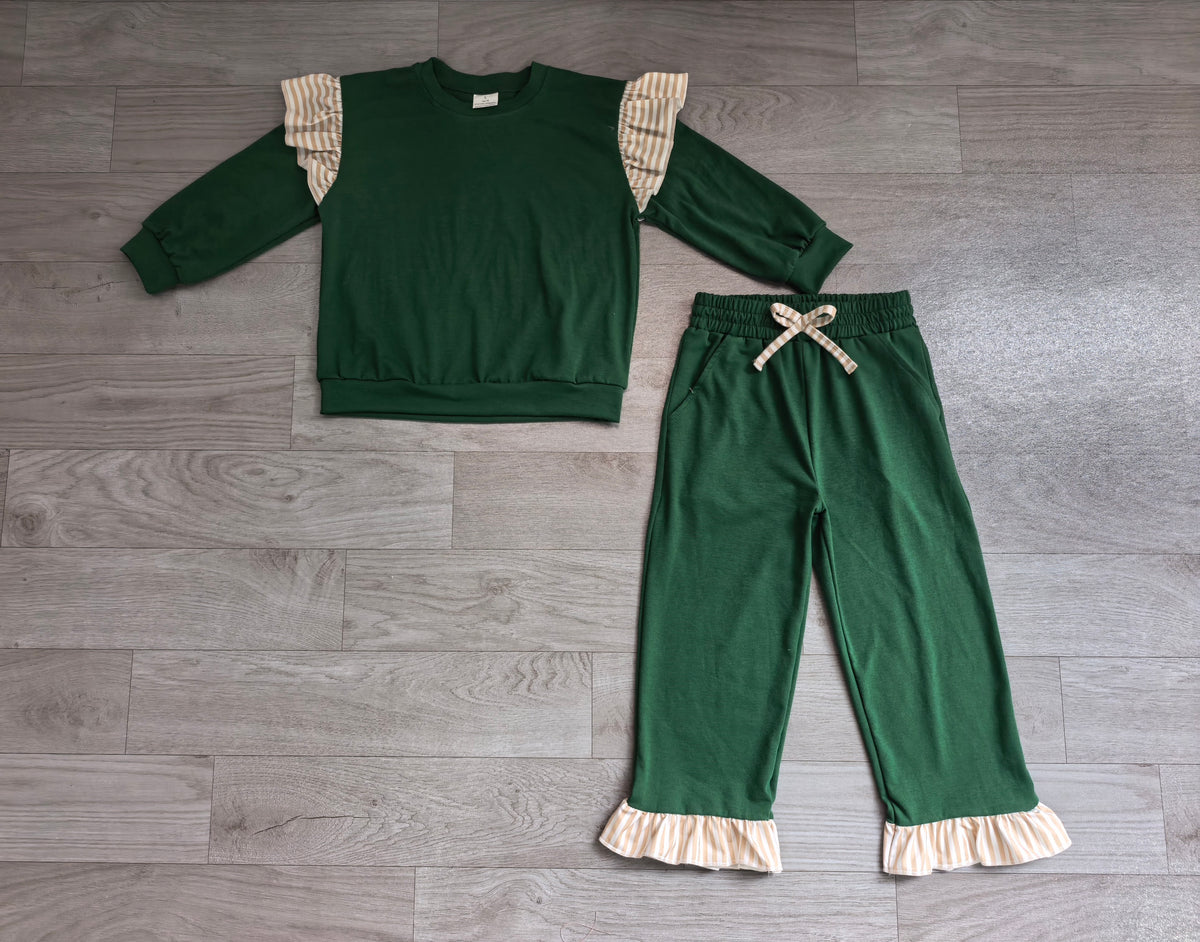 Stripe flutter long sleeves green top pants girls outfits
