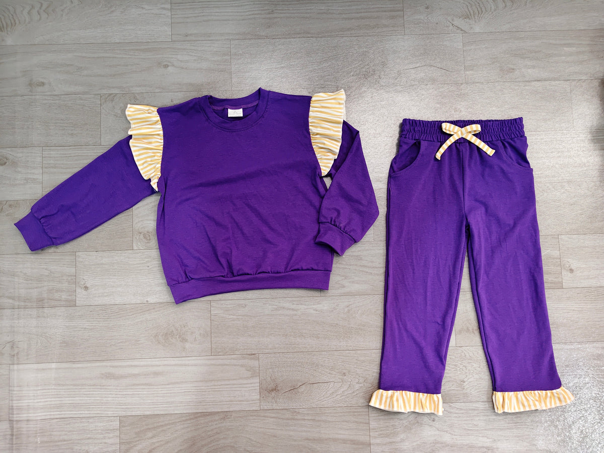 Stripe flutter long sleeves purple top pants girls outfits