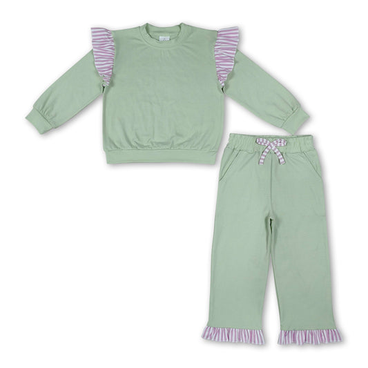 Stripe flutter long sleeves green top pants girls outfits