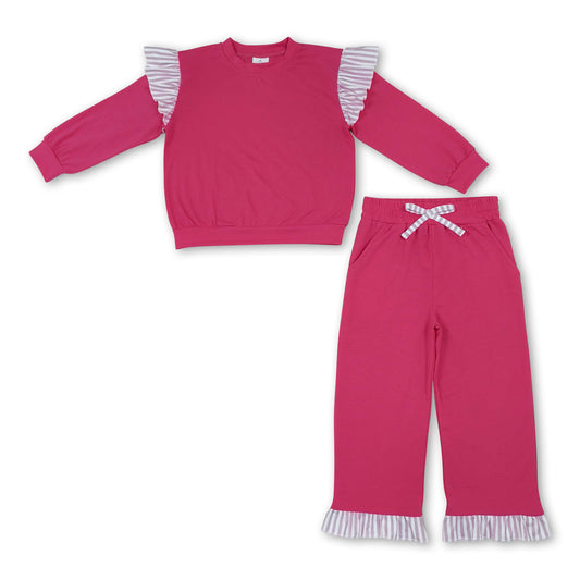 Stripe flutter long sleeves hot pink top pants girls outfits