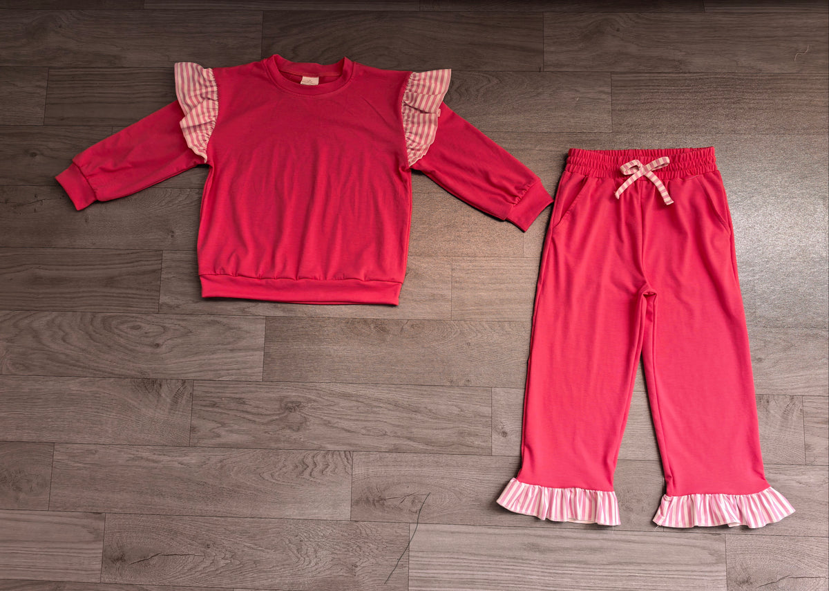 Stripe flutter long sleeves hot pink top pants girls outfits