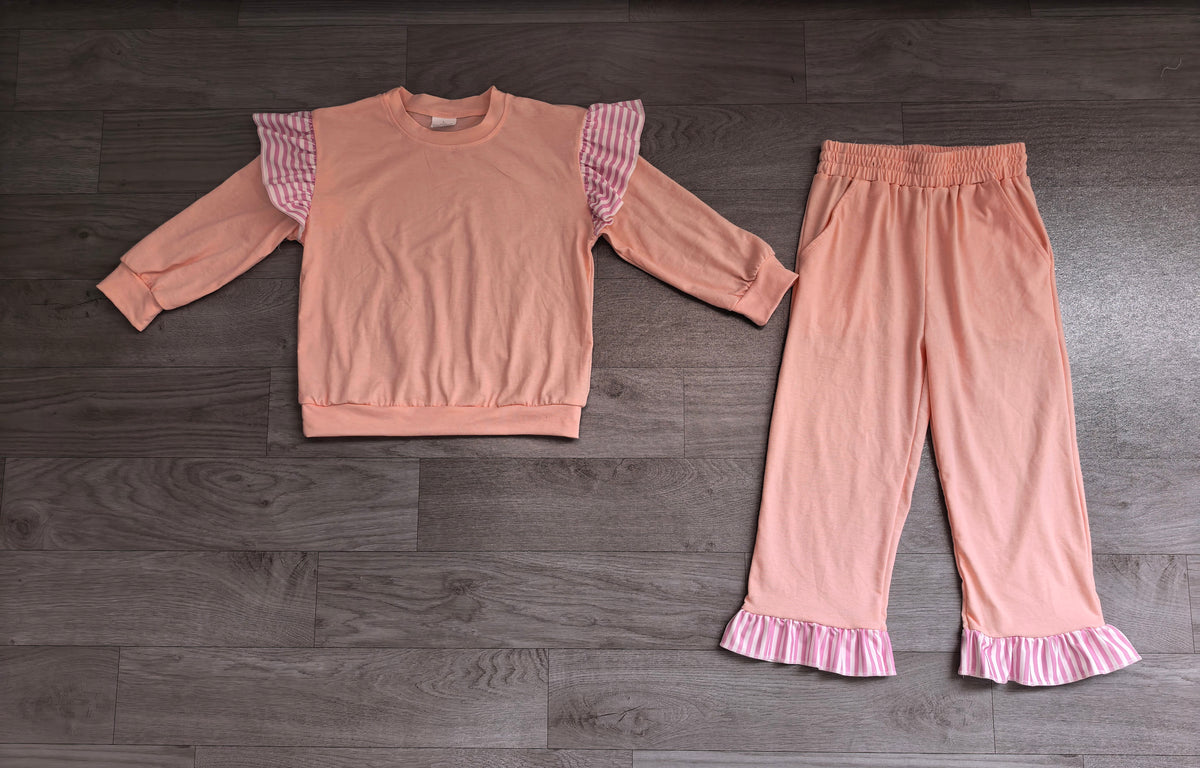 Stripe flutter long sleeves light pink top pants girls outfits