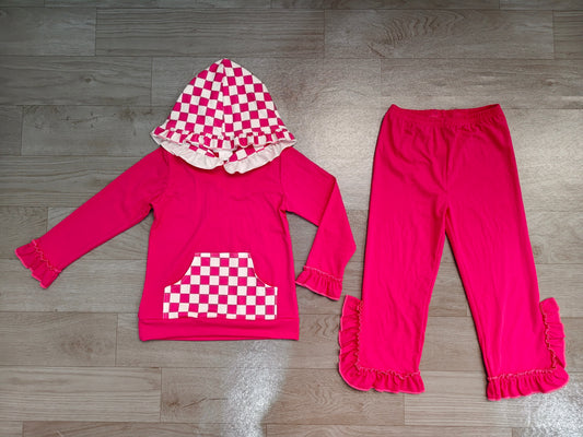 Hot pink plaid pocket hoodie ruffle girls outfits