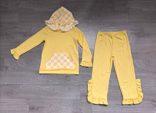 Yellow plaid pocket hoodie ruffle girls outfits