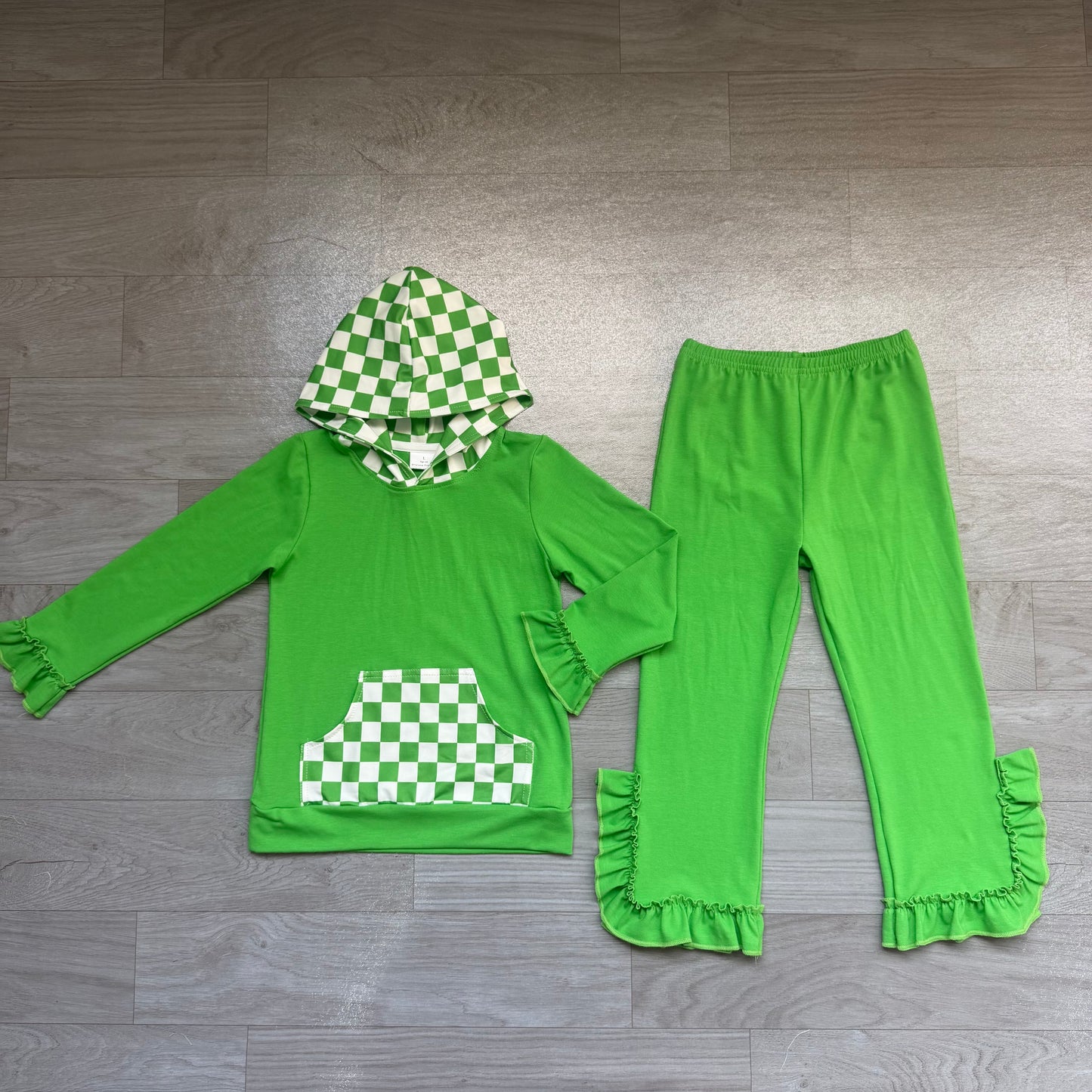 Green plaid pocket hoodie ruffle girls outfits
