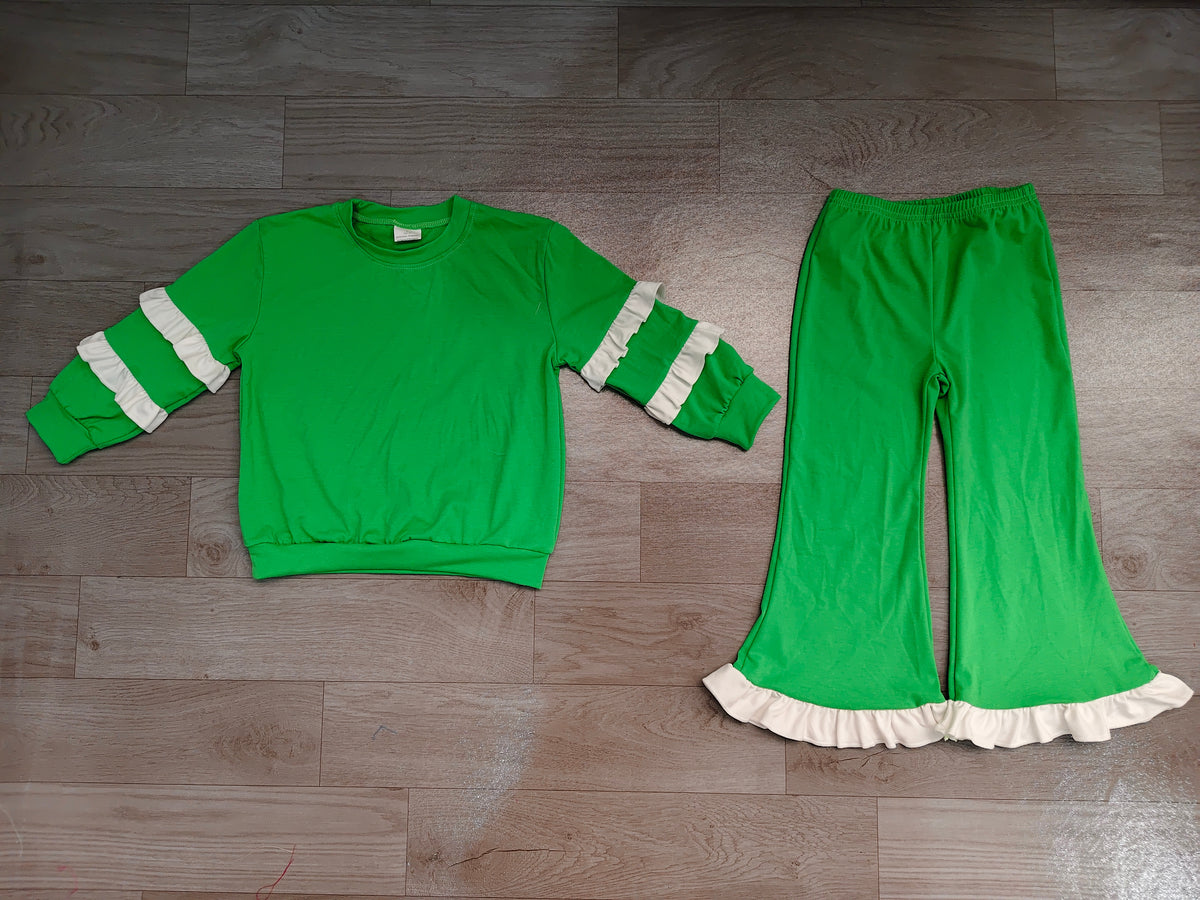 White ruffle green cotton top pants girls clothing set